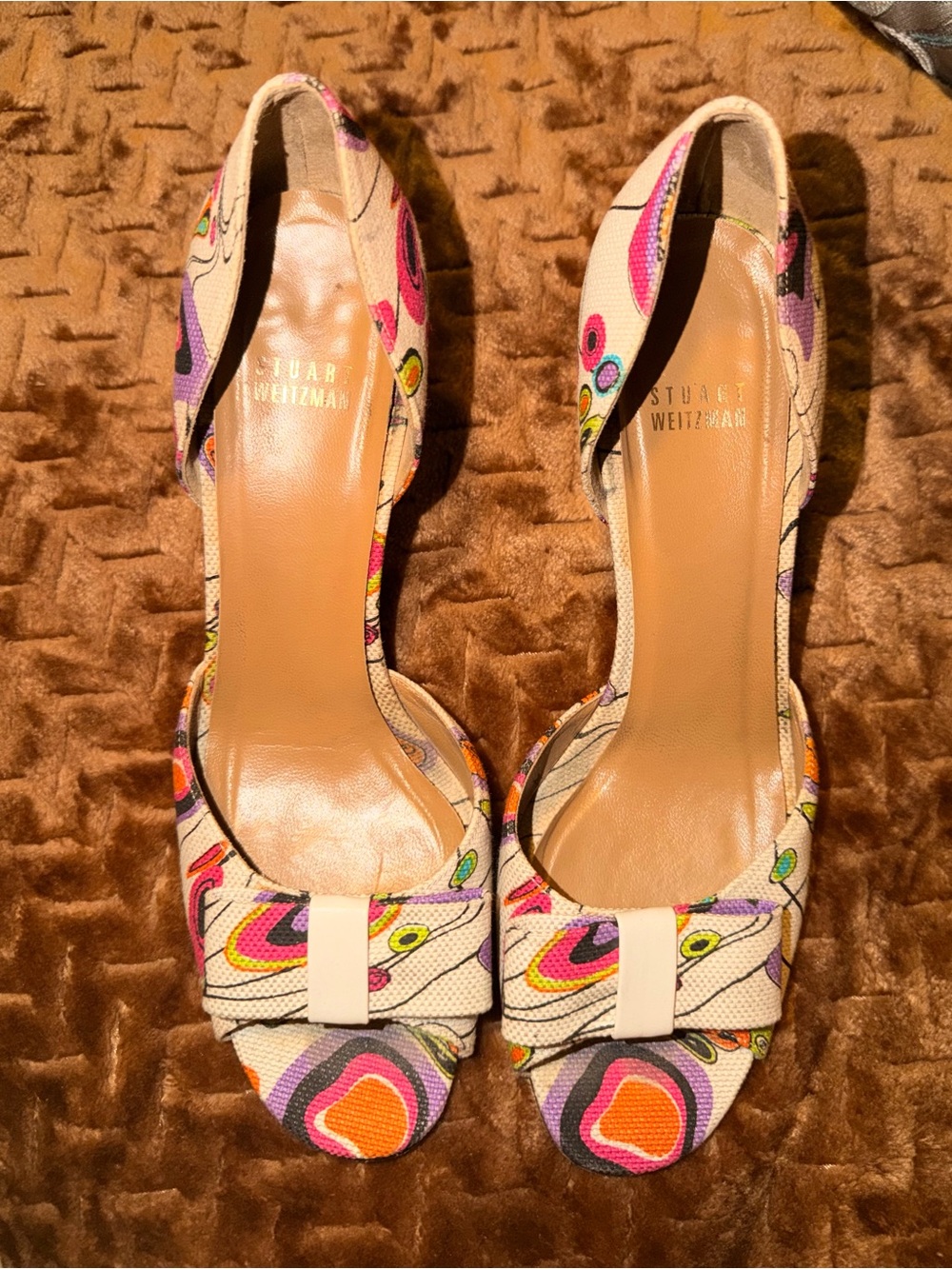 Stuart Weitzman Multicolor Abstract Print Open-Toe D'Orsay Heels